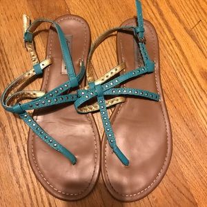 Turquoise and gold strappy sandals